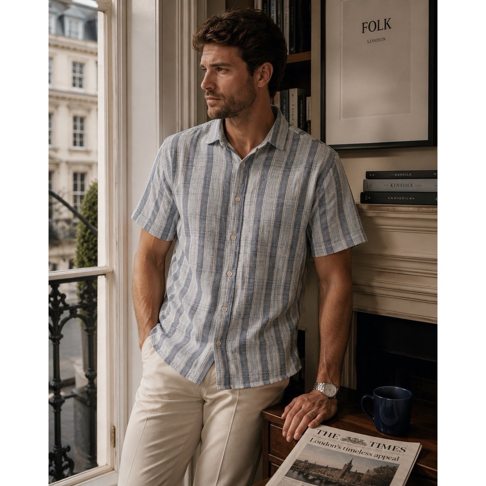 Folk New Ottis SS Men's Shirt XL Blue Textured Stripe 100% Cotton LONDON BRITISH
